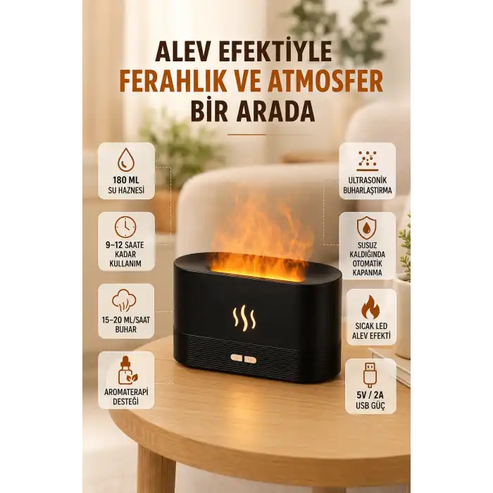 LED Alev Efektli Hava Nemlendirici 9 12 Saat Kullanımlı Aroma Difüzörü