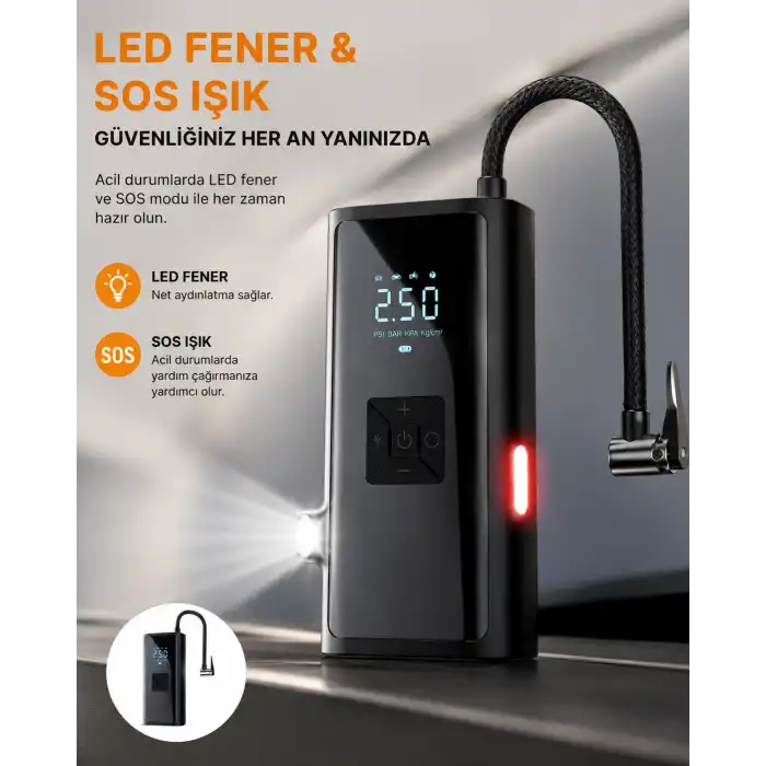 LED Fenerli ve SOS Işıklı Çok Fonksiyonlu Hava Kompresörü Yeni Nesil