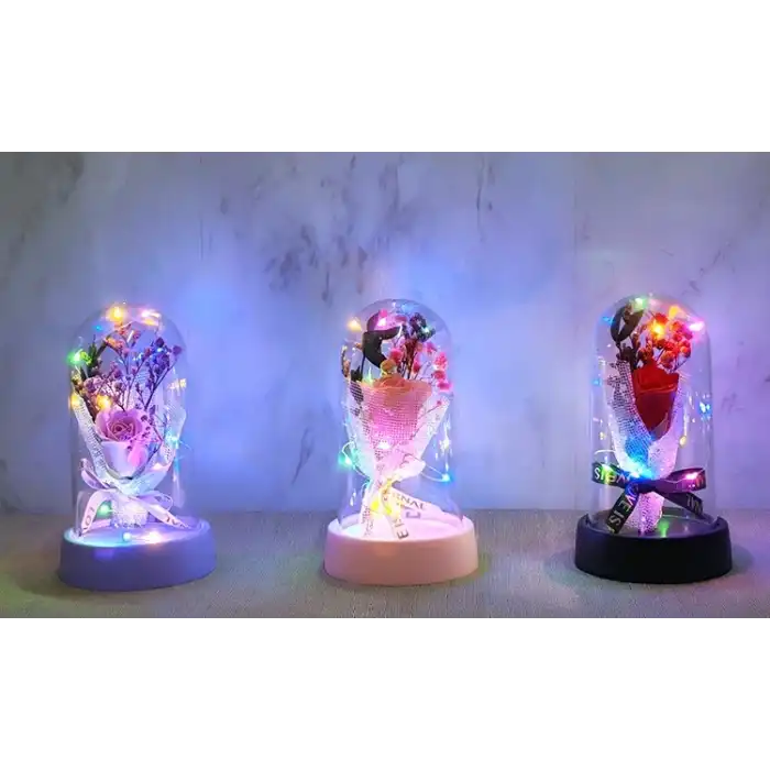 Led Işıklı Müzikli Cam Fanus İçinde Gül Buketi  Alk5006