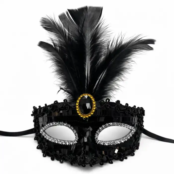 Lüks Siyah Tüylü Taşlı Balo Maskesi