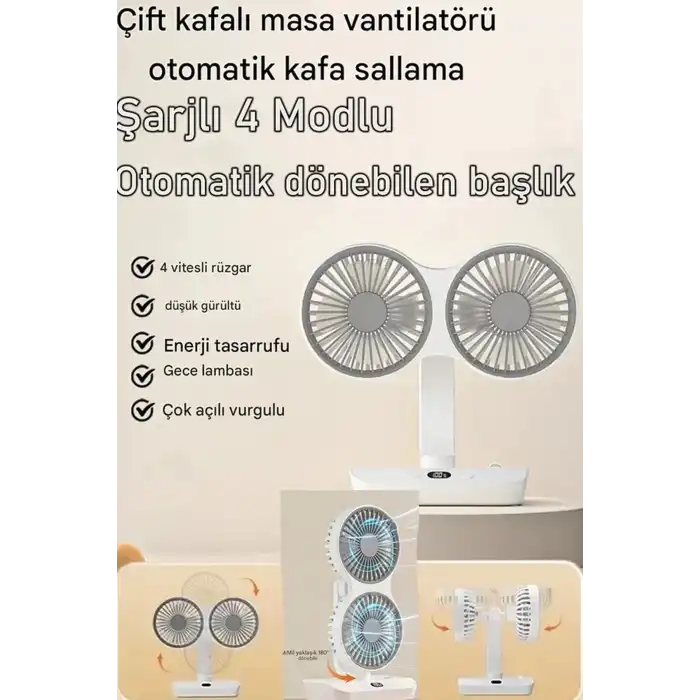 Masaüstü Dijital Ekranlı Çift Fanlı Led Işıklı Soğutucu Fan Ev Ofis Şarjlı Vantilatör