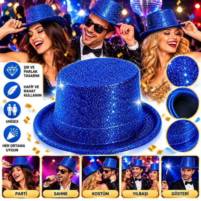 Mavi Simli Glitter Silindir Parti Şapkası