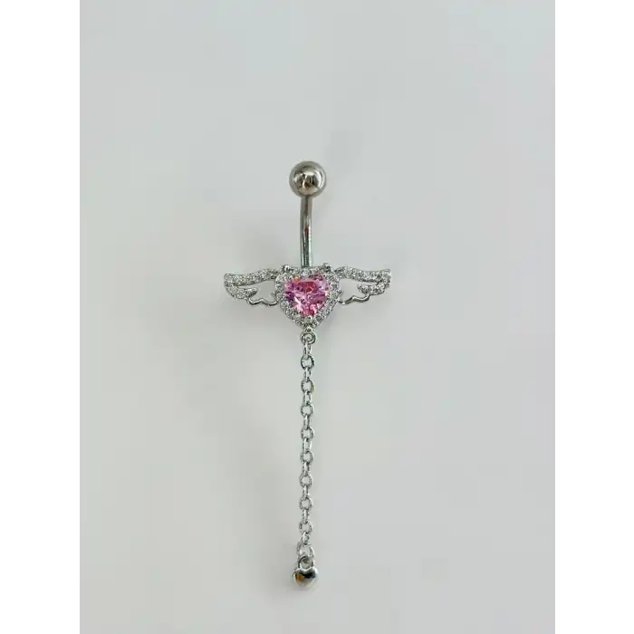 Melek Kanatlı  Pembe Taşlı Kalp Detaylı Sallantılı  Göbek Piercing