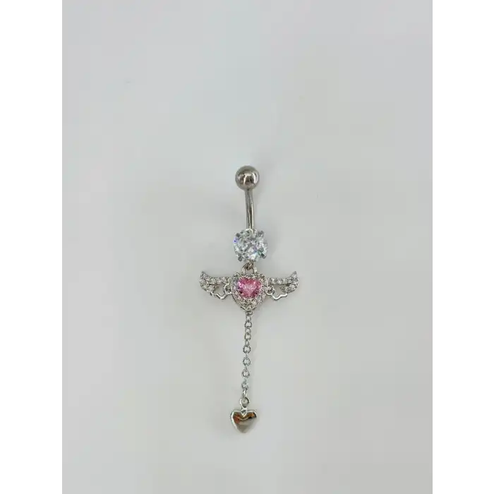 Melek Kanatlı Pembe Taşlı Sallantılı Göbek Piercing