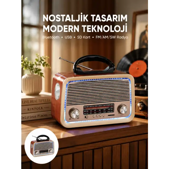 Nostalji Bluetooth Radyo FM AM SW Ahşap Eskitme Tasarım Yeni Nesil