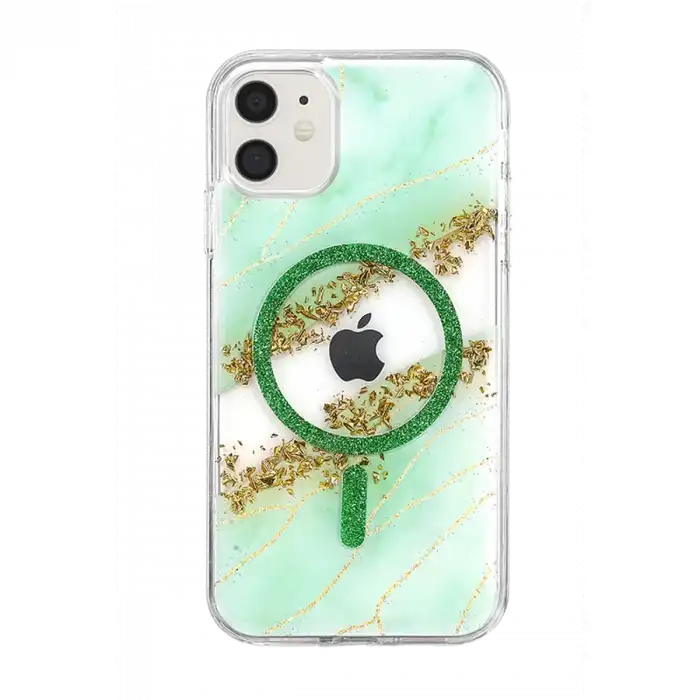 Onegif Apple İphone 11 Lotus Simli Magsafe Kapak - Yeşil