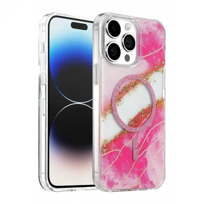 Onegif Apple İphone 14 Pro Max Lotus Simli Magsafe Kapak - Pembe