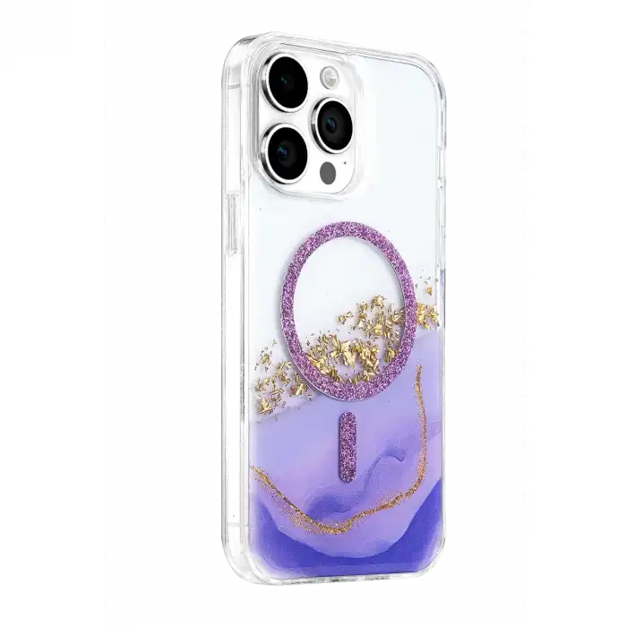 Onegif Apple İphone 15 Pro Max Lotus Simli Magsafe Kapak - Mor