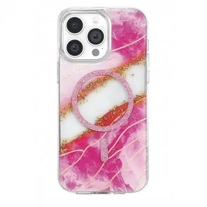 Onegif Apple İphone 15 Pro Max Lotus Simli Magsafe Kapak - Pembe