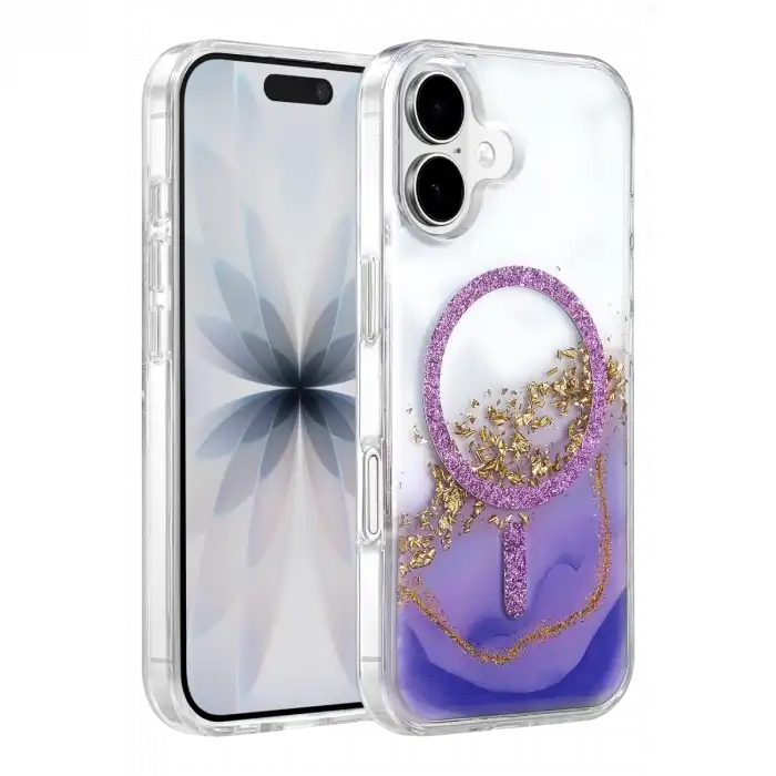Onegif Apple İphone 16 Lotus Simli Magsafe Kapak - Mor