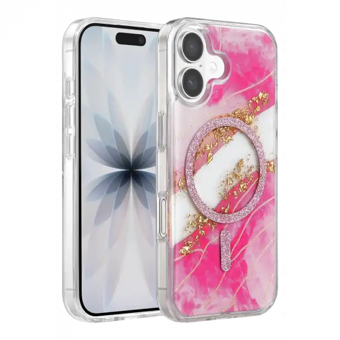 Onegif Apple İphone 16 Lotus Simli Magsafe Kapak - Pembe
