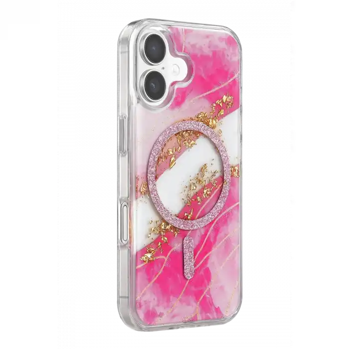 Onegif Apple İphone 16 Lotus Simli Magsafe Kapak - Pembe