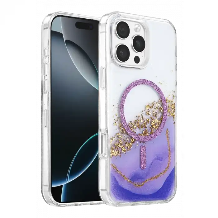 Onegif Apple İphone 16 Pro Max Lotus Simli Magsafe Kapak - Mor