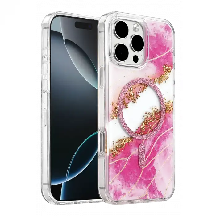 Onegif Apple İphone 16 Pro Max Lotus Simli Magsafe Kapak - Pembe