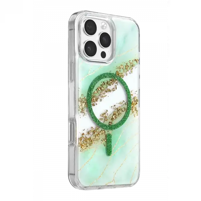 Onegif Apple İphone 16 Pro Max Lotus Simli Magsafe Kapak - Yeşil