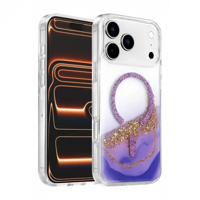 Onegif Apple İphone 17 Pro Lotus Simli Magsafe Kapak - Mor