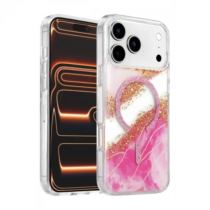 Onegif Apple İphone 17 Pro Lotus Simli Magsafe Kapak - Pembe