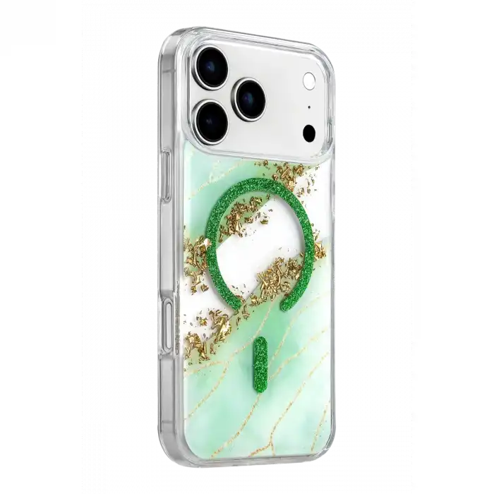 Onegif Apple İphone 17 Pro Lotus Simli Magsafe Kapak - Yeşil