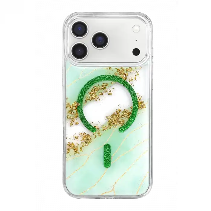 Onegif Apple İphone 17 Pro Lotus Simli Magsafe Kapak - Yeşil