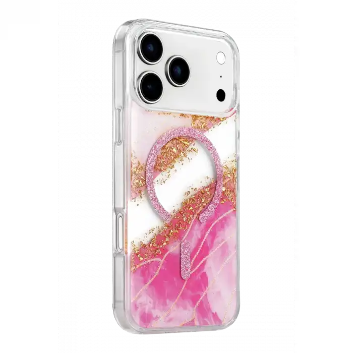 Onegif Apple İphone 17 Pro Max Lotus Simli Magsafe Kapak - Pembe