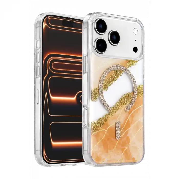 Onegif Apple İphone 17 Pro Max Lotus Simli Magsafe Kapak - Turuncu