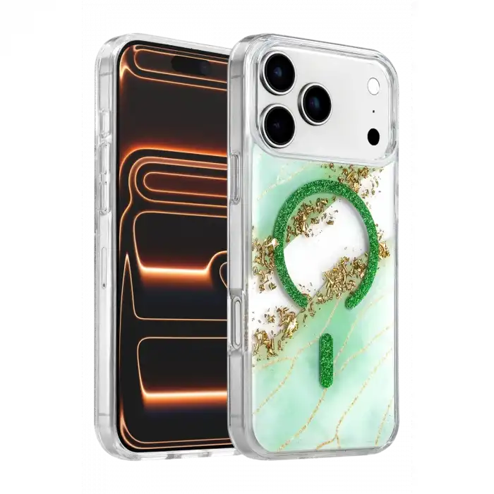 Onegif Apple İphone 17 Pro Max Lotus Simli Magsafe Kapak - Yeşil