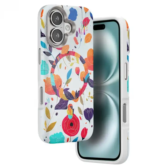 Onegif İphone 16 Flower Series Magsafe Kapak - Beyaz