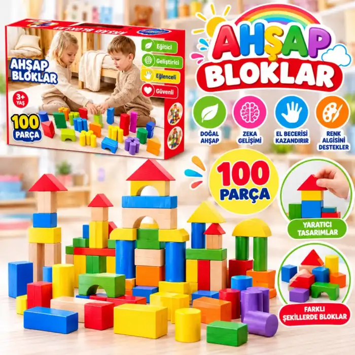 ONY-417 KUTUDA AHŞAP 100 PARÇA RENKLİ BLOKLAR