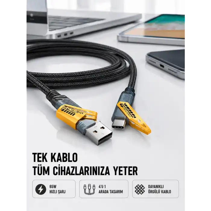 Örgülü Tasarım 4’ü 1 Arada USB-C Lightning Hızlı Şarj Kablosu