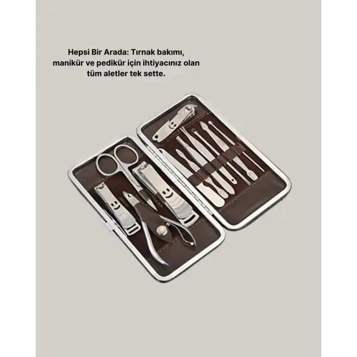 Özel Deri Çantalı 12 Parça Manikür Pedikür Bakım Seti Paslanmaz Çelik