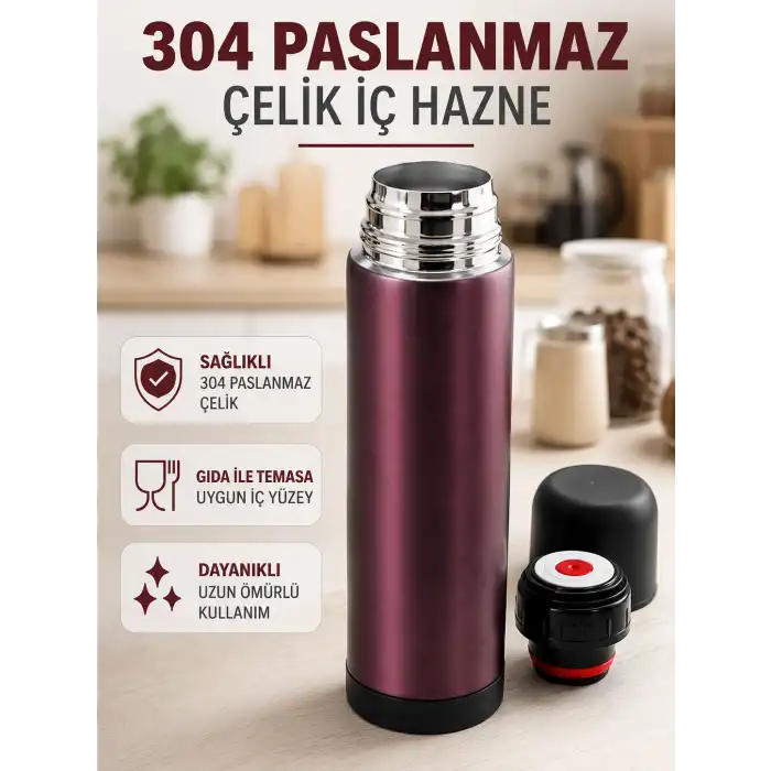 Paslanmaz Çelik Seyahat Termosu Tek Tuşlu Vakumlu Kahve ve Çay Termosu