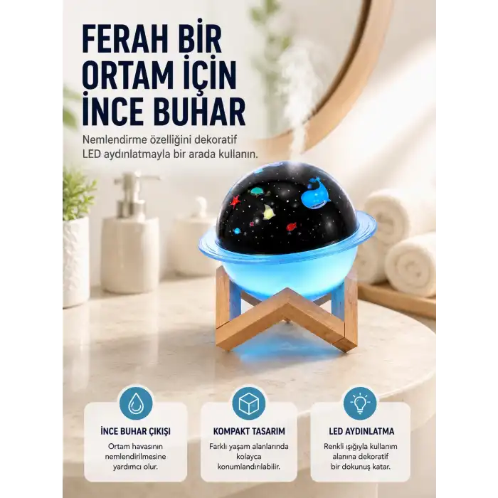 Projektör ışığı bulunan USB bağlantılı mini aromaterapi destekli hava nemlendirici