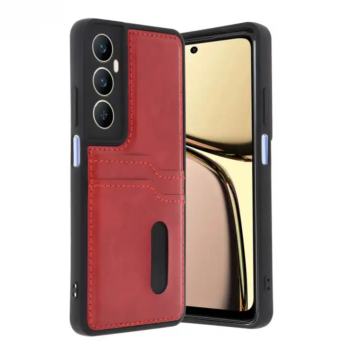 Realme C65 Sara Kartvizitli Deri Kılıf - Kırmızı