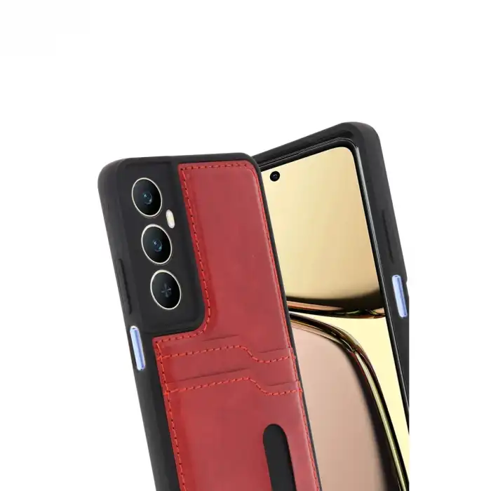 Realme C65 Sara Kartvizitli Deri Kılıf - Kırmızı