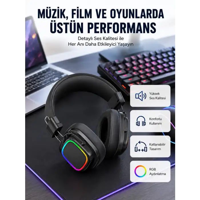 RGB Işıklı Katlanabilir Bluetooth 5.3 Kulak Üstü Kulaklık