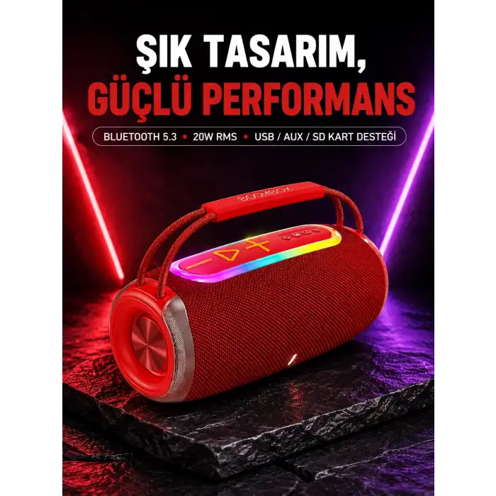 RGB LED Işıklı 20W Taşınabilir Bluetooth Hoparlör IPX6 Suya Dayanıklı