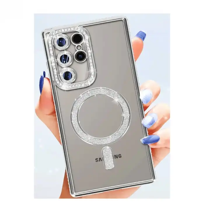 Samsung Galaxy S25 Ultra Kılıf Joke Simli Magneticsafe Kılıf - Gümüş
