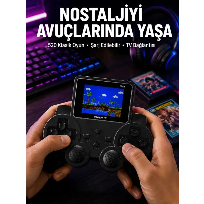 Şarjlı Retro Gamepad Oyun Konsolu 520 Oyunlu TV Çıkışlı El Konsolu
