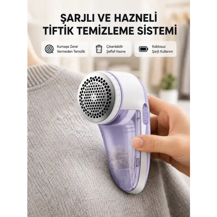 Şarjlı Tiftik Temizleyici – Çıkarılabilir Hazneli, Anti-Statik Fırçalı, USB Şarjlı