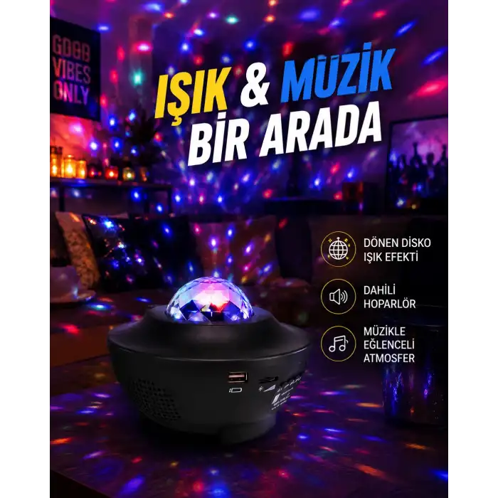 Sesle Etkileşimli Yıldız Projektörlü Gece Lambası – Bluetooth Hoparlörlü, USB Girişli, Dönen Okyanus