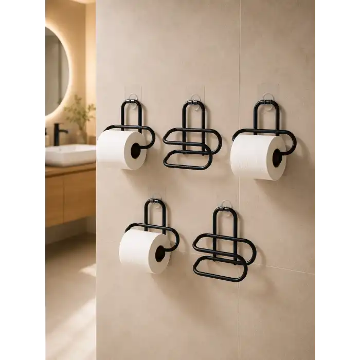 Siyah Metal Tuvalet Kağıdı Tutucu 5’li Set Yapışkanlı Duvar Tipi Banyo WC Askısı