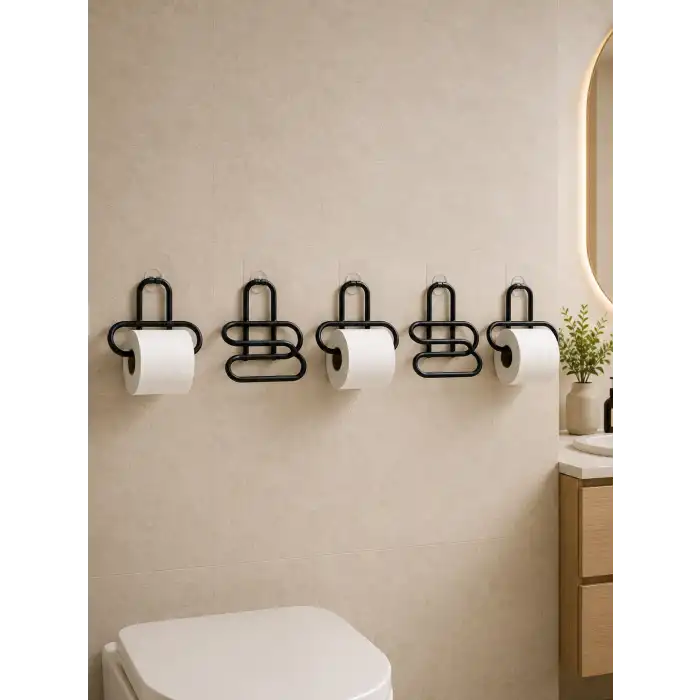 Siyah Metal Tuvalet Kağıdı Tutucu 5’li Set Yapışkanlı Duvar Tipi Banyo WC Askısı