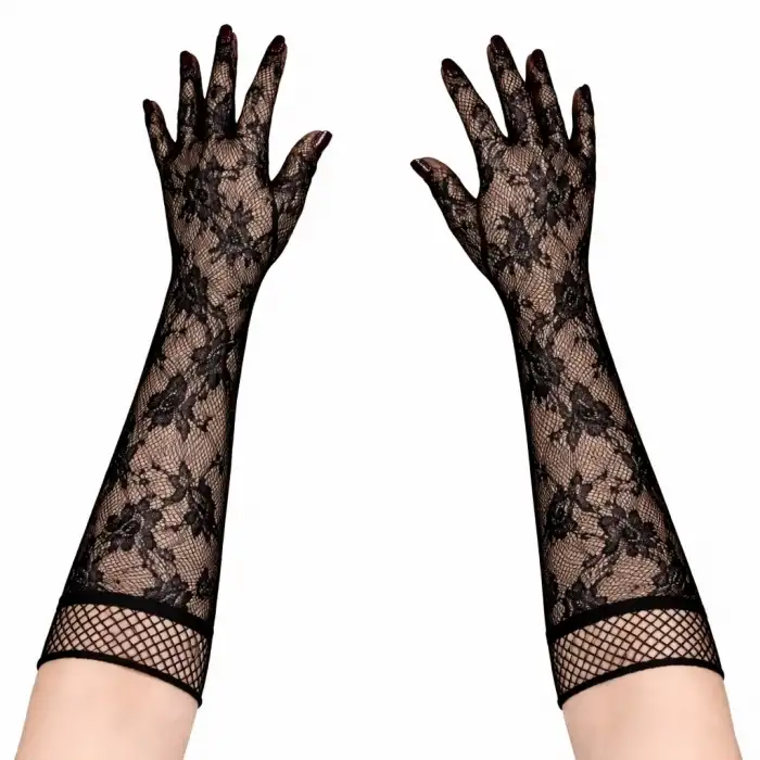 Siyah Uzun Gül Desenli Dantel Kadın Eldiveni