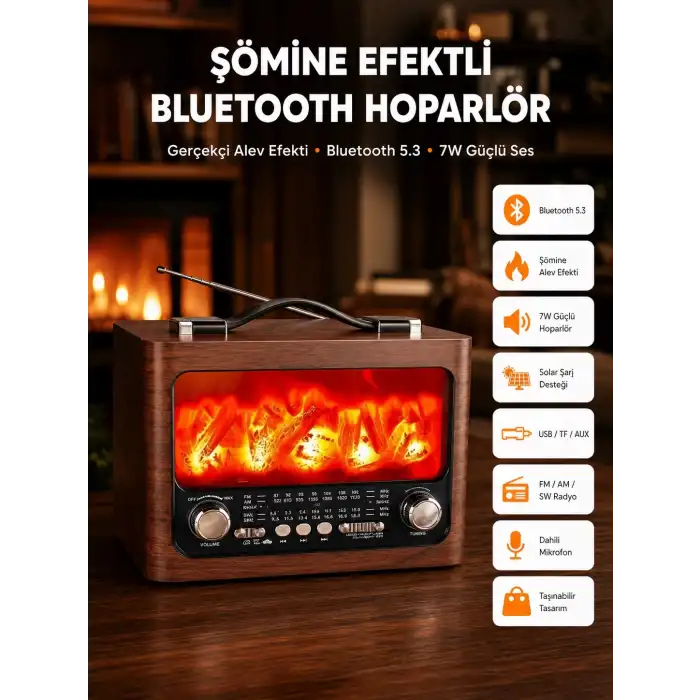 Solar Şarjlı Şömine Işıklı Bluetooth Hoparlör – Radyo, USB, TF Kart Destekli