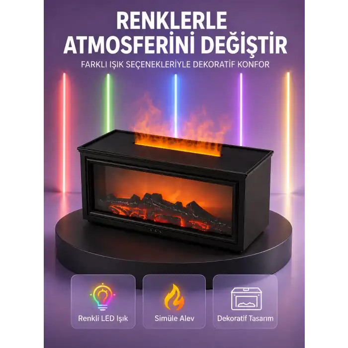 Şömine Görünümlü Hava Nemlendirici Renkli LED Işıklı Aroma Difüzörü