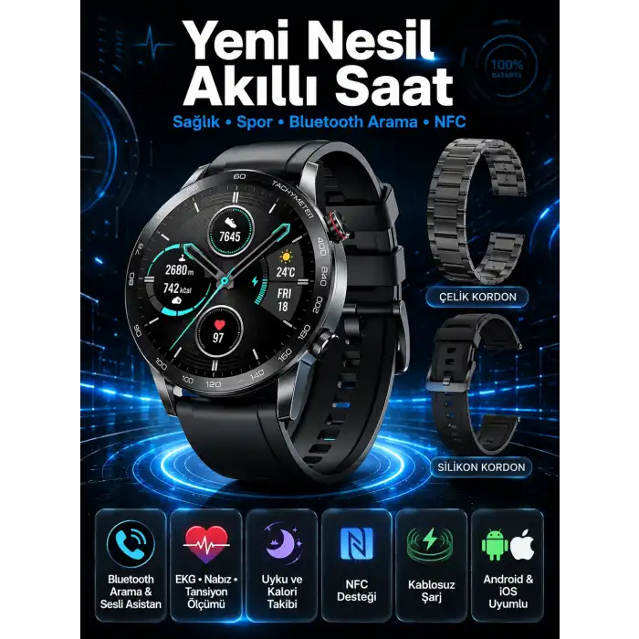 Suya Dayanıklı Dokunmatik Akıllı Saat Bluetooth 5.0, Sesli Asistan ve Sağlık Takibi