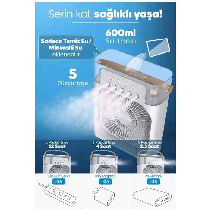 Taşınabilir Işıklı 5 Spreyli Vantilatör Buzlu Buharlı Vantilatör Mini Fan Nemlendirici