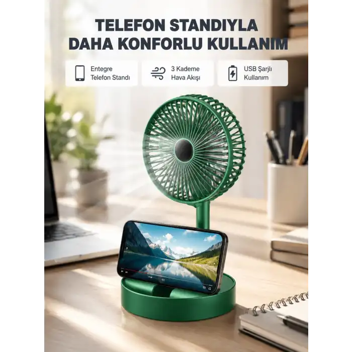 Taşınabilir Şarjlı Mini Fan – Katlanabilir Gövde, 3 Hız Kademesi