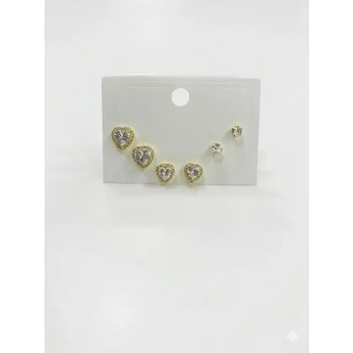 Taşlı Kalp Detaylı Altılı Küpe