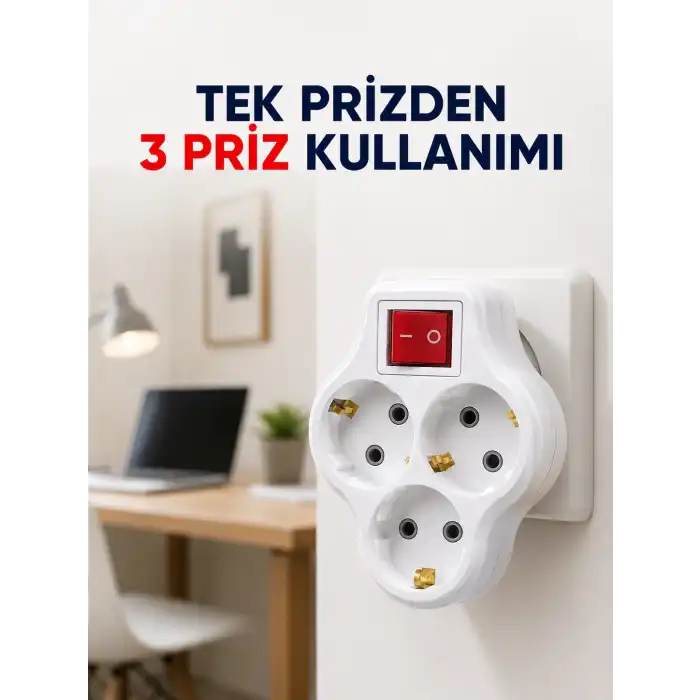 Tek Prizi 3’lü Yapan Anahtarlı Priz Adaptörü Topraklı Priz Çoğaltıcı